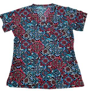 Butter-Soft Scrub Top Womens Medium Teal Pink Medallion Stretch Marrakesh Malaga